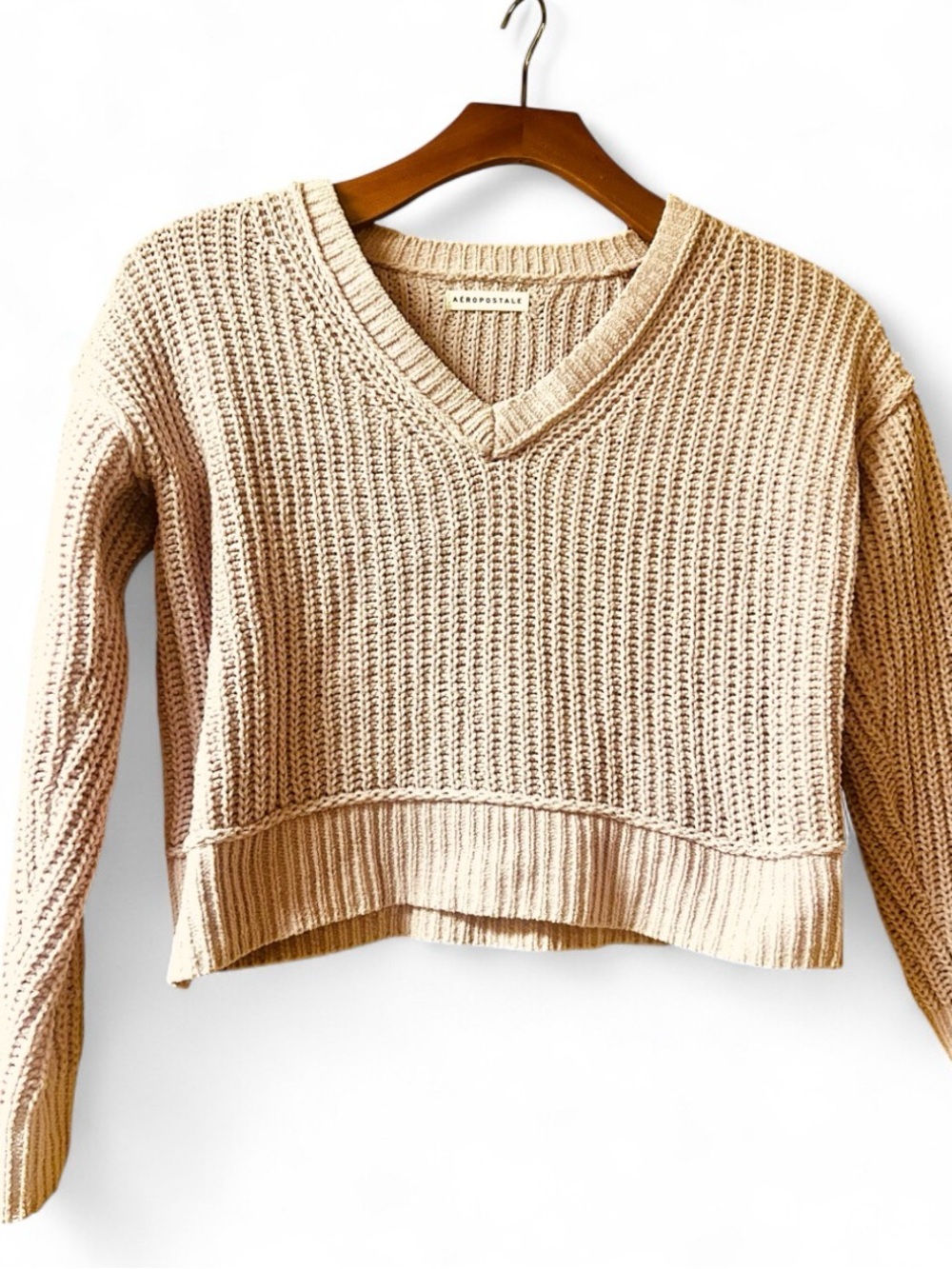 Aeropostale Women's Rose Pink V-Neck Cropped Knit Sweater